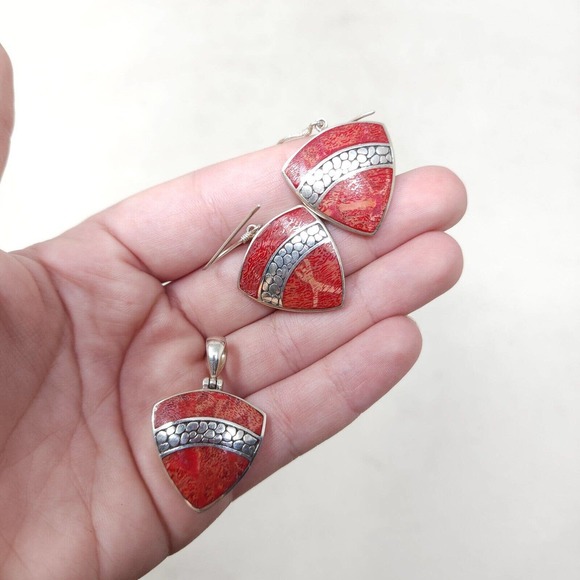 Sponge Coral Earrings Pendant Set Red Natural Marked 925 Sterling Silver 16g - Picture 4 of 7